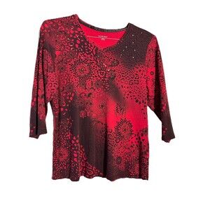 Allison Daley Red & Black Ombr Floral Leopard Print V-Neck Rhinestone Top M/M